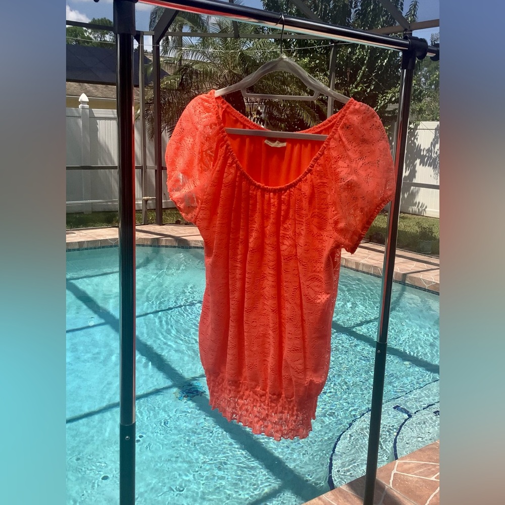 Bobbie Brooks plus size top size 1X hot orange. Lace stretchy round neck…